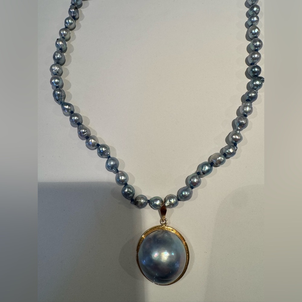 Blue Pearl Necklace with 14 Kt Gold Accents